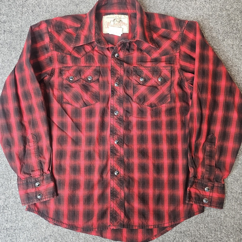 Wrangler Boys Pearlsnap Longsleeve Shirt Size Medium 7/8 Red Plaid Western Rodeo
